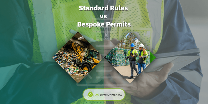 standard-rules-vs-bespoke-environmental-permits-checklist-inspection-waste-site-ac-environmental Standard Rules vs Bespoke Environmental Permits featured image showing an Environment Agency inspector using a tablet checklist, with diamond cut‑outs of a waste transfer site and a two‑person site inspection, a translucent checklist icon overlay, green and grey colour panels, and the AC Environmental logo at the bottom.