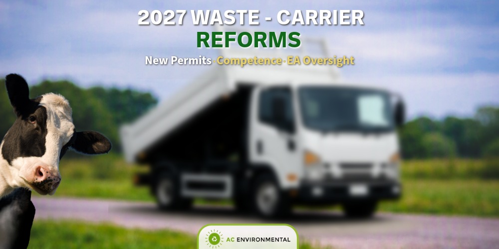 waste-carrier-reforms-2027-competence-requirements-england White waste‑carrier truck parked on a rural road symbolising the 2027 waste‑carrier reforms and new competence permit system in England.