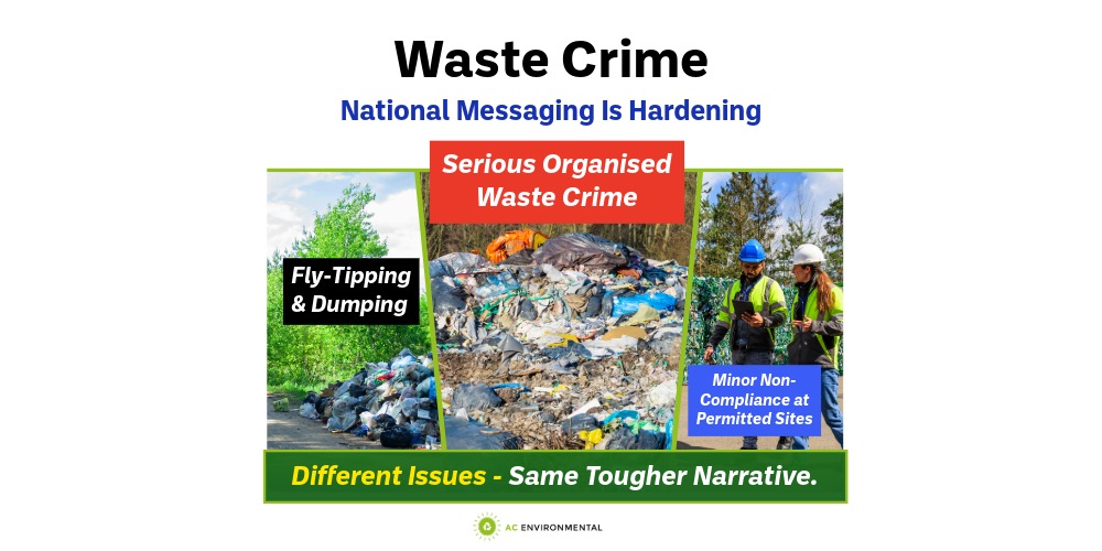 Grouped waste‑crime headlines showing organised waste crime, fly‑tipping and minor non‑compliance, illustrating how national messaging is hardening for legitimate waste‑site operators.